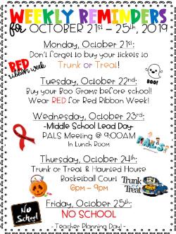 Weekly Reminders for 10/21 - 10/25
