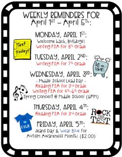 Weekly Reminders for 4/1-4/5!