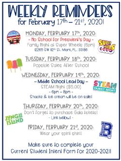 Weekly Reminders for 2/17 - 2/21!