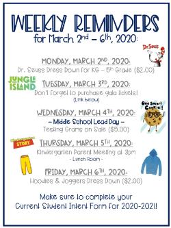 Weekly Reminders for 3/2 - 3/6!