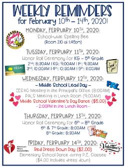 Weekly Reminders for 2/10 - 2/14!