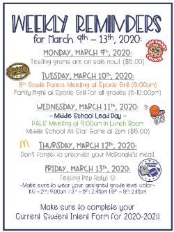 Weekly Reminders for 3/9 - 3/13!