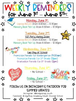 Weekly Reminders for 6/1/20-6/5/20!