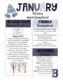 January Activities Calendar, Sports Calendar, and Admin Newsletter