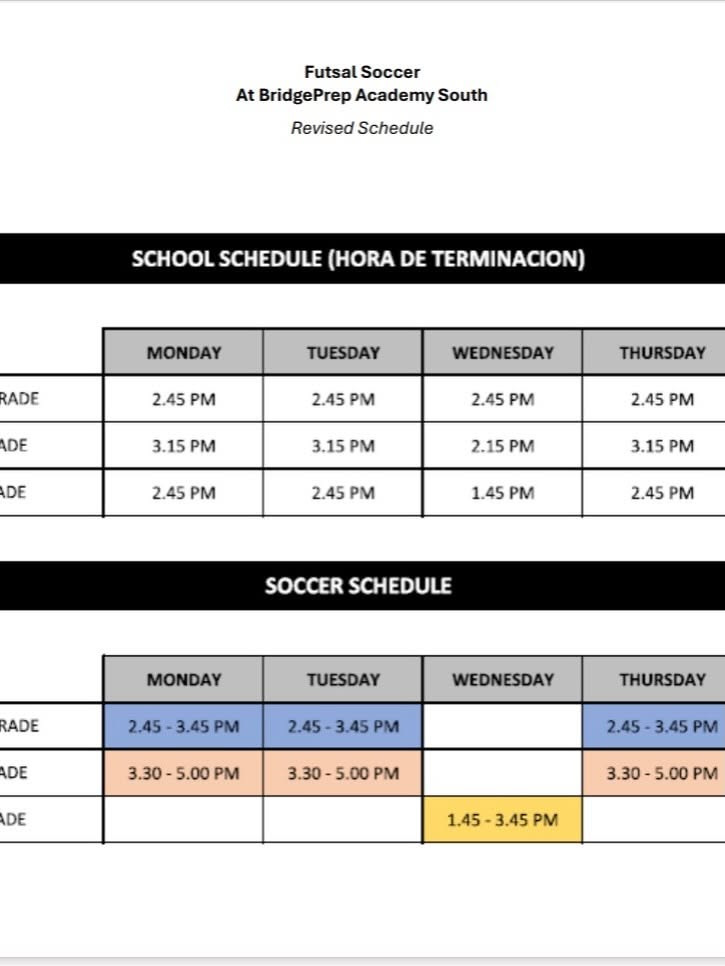 Revised futsal training and school dismissal schedule