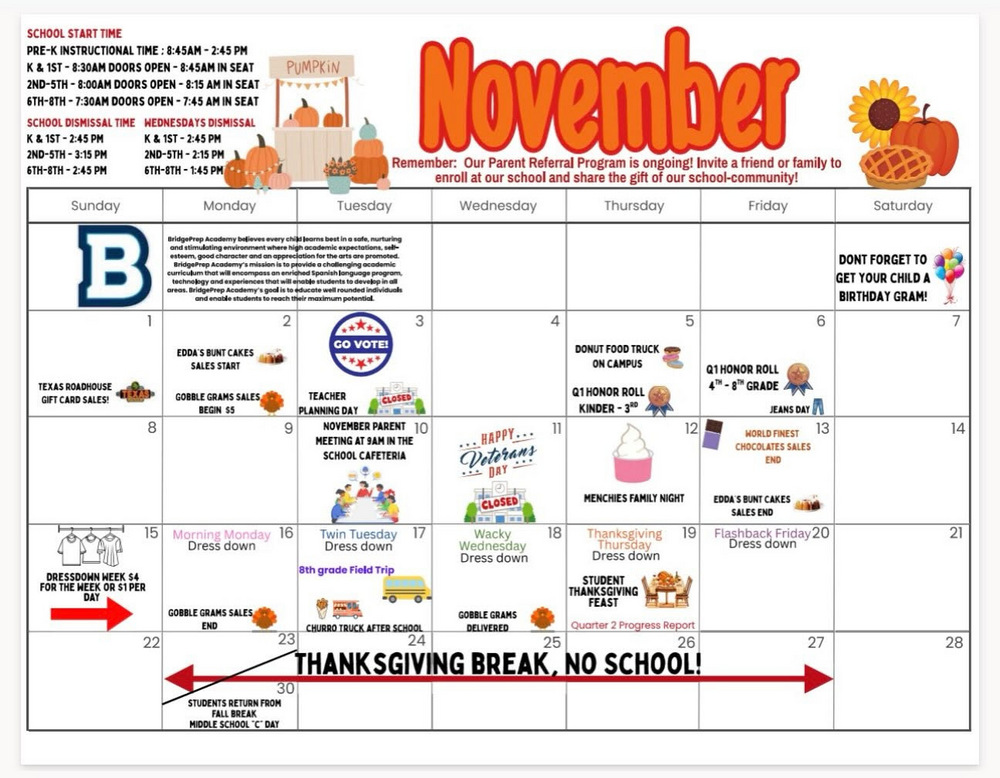 November 2026 school activity calendar